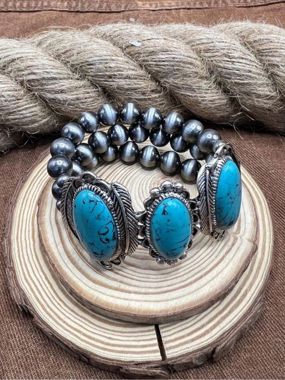New! Western Boho Faux Turquoise and Silver Statement Bracelet
